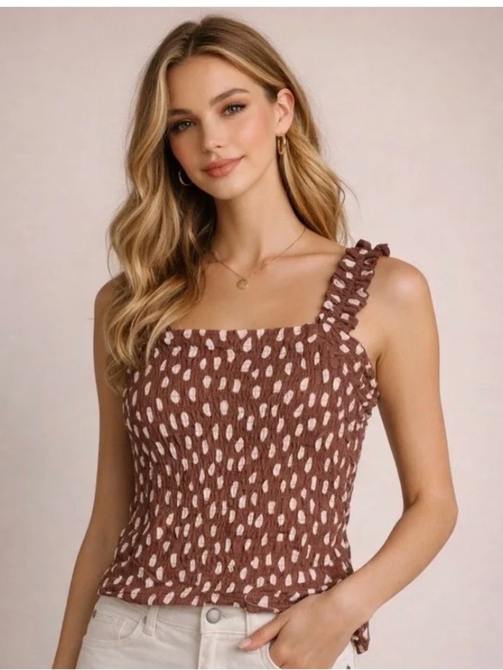 Abercrombie & Fitch Brown Dot Smocked Square-Neck Tank Top